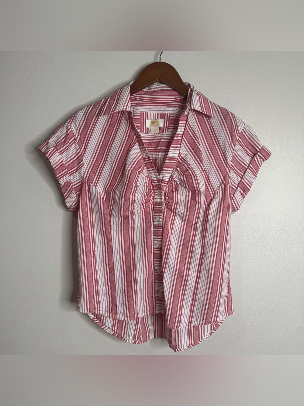 Maeve Anthro White Red Striped Button Up Collared Blouse Cotton Polin Small